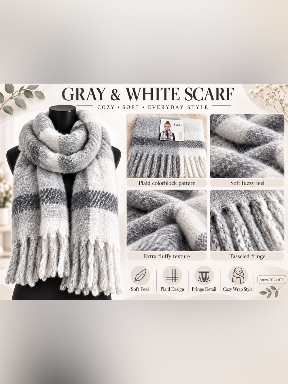 I AM OVERSIZED PLAID SCARF – GRAY/WHITE (NEW WITH TAGS) A38